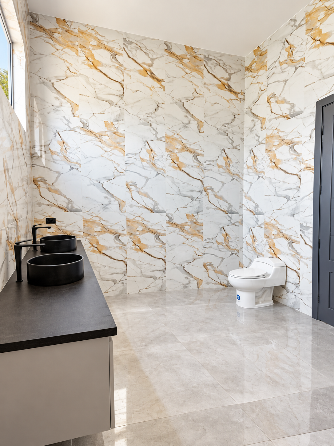 Baño privado revestido en porcelanato blanco y grifería negra