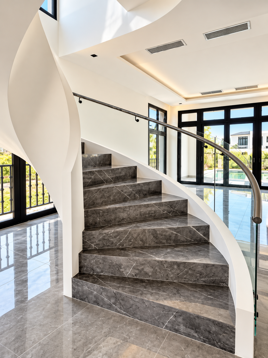 Escalera de diseño curvo, con elegantes acabados y barandal de vidrio que realzan la arquitectura interior.